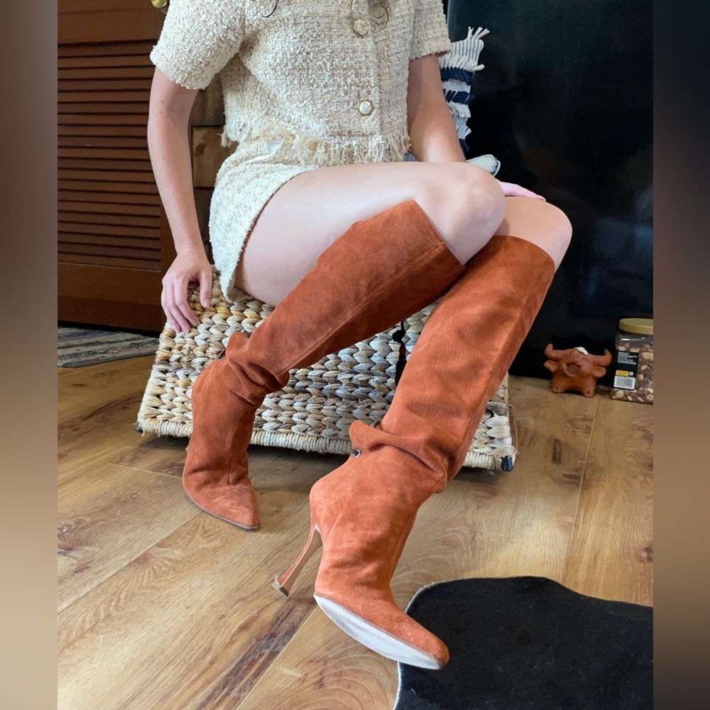 Ashley Dearborn, Elegant Brown/Orange Suede Knee-High Boots, Lace Up, Size 9.5 - Picture 5 of 16